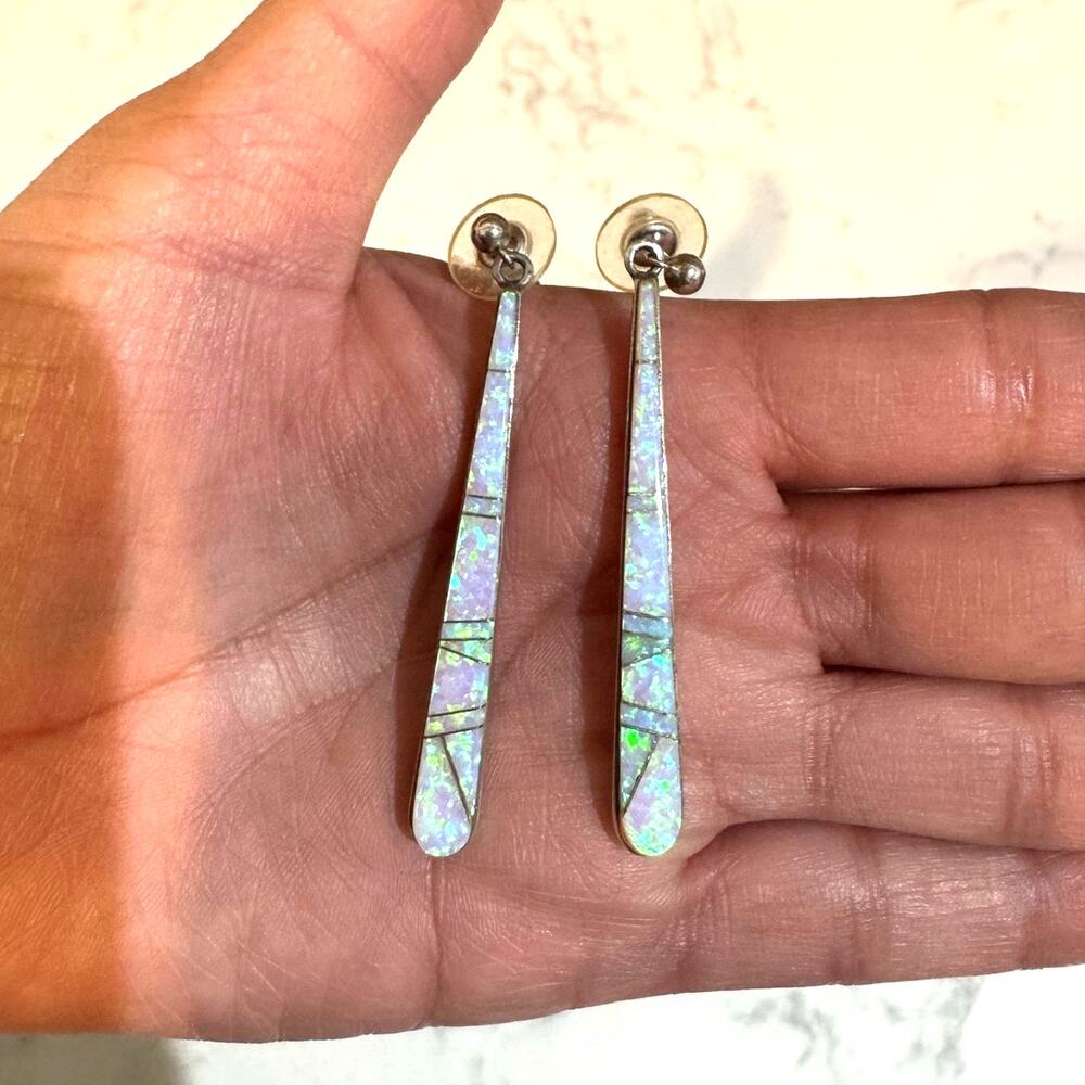 Native American silver inlaid opal drop earrings by Navajo artist Calvin Begay